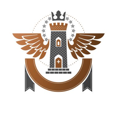Antik Fort amblemi. Heraldic Coat of Arms dekoratif logosu izole edilmiş vektör çizimi. Beyaz arkaplanda eski tarzda Retro logotype.