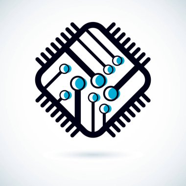 Vektör soyut teknoloji tek renkli devre kartı. Elektronik cihaz yüksek teknoloji dijital kare şeması. Modern yenilik teknolojileri logosu.