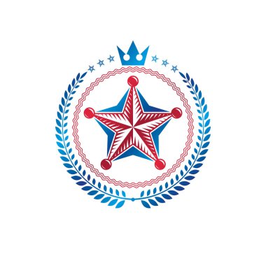 Pentagonal Star amblemi, royal crown ve defne çelengi ile oluşturulan birleşim Tema sembolü. Hanedan Arması, vintage vektör logosu.