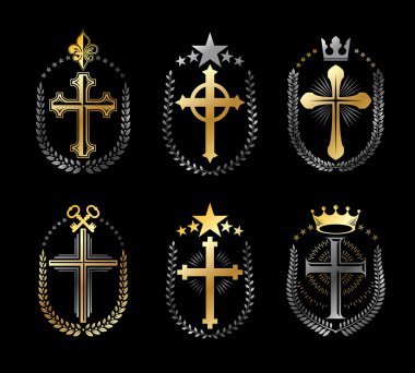 Hıristiyan haçlar Amblemler ayarlayın. Hanedan vektör tasarım öğeleri koleksiyonu. Retro tarzı etiket, Hanedanlık armaları logosu.