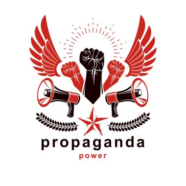 Yükselen yumruklar, kuş kanatları ve hoparlör ekipmanları kullanılarak oluşturulan vektör reklam afişi. Propaganda ideolojinin dayatma metodu.