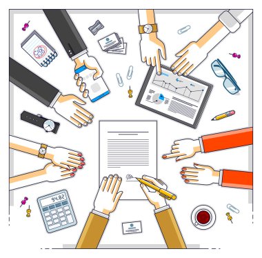 İşadamı sunulması ve onu kendi analytics ve planı, kredi kredi için başlangıç yatırımcı, elleriyle üstten görünüm açıklayan iş kişilik ekibin bir belgenin imzalar. Vektör çizim.