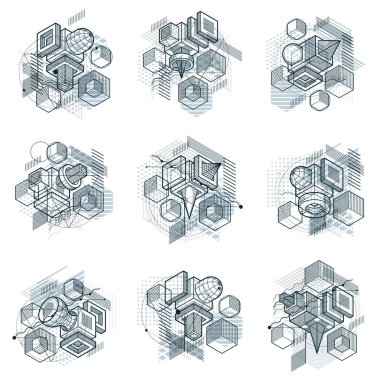 Soyut itmeyi arka planlar, 3B vektör düzeni. Besteleri küpleri, Altıgenler, kareler, dikdörtgenler ve farklı soyut öğeler. Vektör toplama.