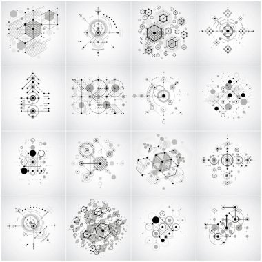 Modüler Bauhaus vektör arka planlar, daireler ve altıgen yanarak bahislerin doğru gibi geometrik figürler oluşturulan dizi. Reklam posteri veya başlığı tasarım olarak kullanmak için en iyi. Soyut mekanik şemaları topluluğu.