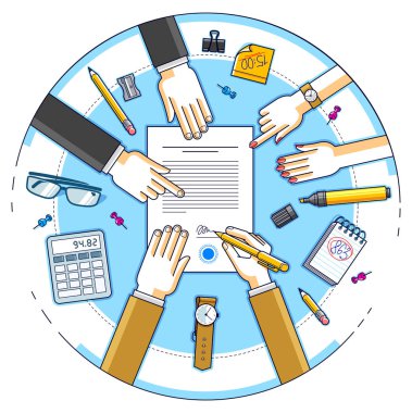 İşadamı banka kredisinin finansal formunu imzaladı ve çalışanlara yardım etti ve kredi şartlarını, sözleşme imzalama vektör illüstrasyonunu, insanların ellerinin olduğu masanın üst görüşünü açıkladı.. 