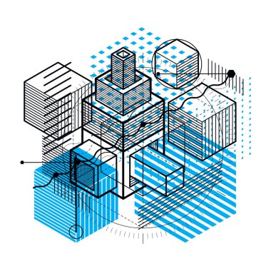 İzometrik doğrusal boyutlu şekillerle arka plan, 3d mesh elemanları vektör. Kompozisyon küpleri, Altıgenler, kareler, dikdörtgenler ve farklı soyut öğeler.