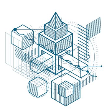Soyut izometrik çizgiler ve şekiller ile vektör arka plan. Küpleri, Altıgenler, kareler, dikdörtgenler ve farklı soyut öğeler ile yapılan şablonu.