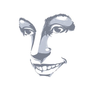 Vektör sanat resim, güzel mutlu gülümseyen kız beyaz izole portresi. Yüz ifadeleri, insanlar olumlu duygular, Bayan visage özellikleri.