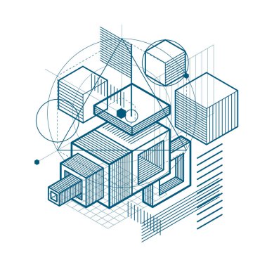 3B şekiller kompozisyon soyut, izometrik arka plan vektör. Kompozisyon küpleri, Altıgenler, kareler, dikdörtgenler ve farklı soyut öğeler.