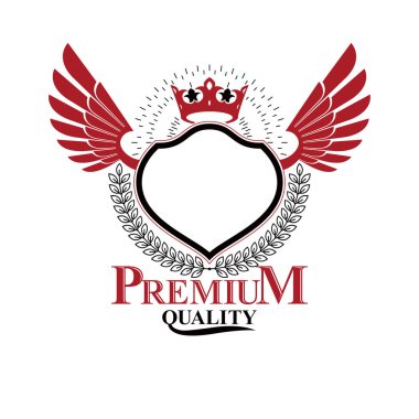 Grafik royal crown öğe ve defne çelengi ile oluşan sembolü kanatlı. Hanedan arması izole dekoratif logo vektör çizim.