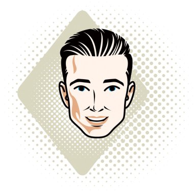 Adam yüz, insan kafası. Vektör karakter, şık saç kesimi ile yakışıklı brunet erkek.