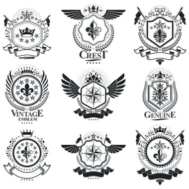 Vintage Hanedanlık armaları tasarım şablonları, vektör Amblemler. Vintage tarzı sembollerde topluluğu.