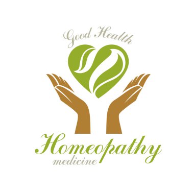 Kalp holding şefkatli eller. Alternatif Tıp kavramı, vektör Fitoterapi logo. Güçlü kalp iyi sağlıktır.