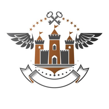 Eski Fort amblemi. Hanedan arması dekoratif logo vektör illüstrasyon izole. Beyaz arka plan üzerinde eski tarzı antika logo.
