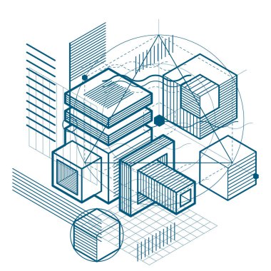 İzometrik hatları ile arka plan, illüstrasyon vektör. Küpleri, Altıgenler, kareler, dikdörtgenler ve farklı soyut öğeler ile yapılan şablonu.