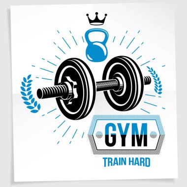 Ağır yük kaldırma şampiyonluğu reklam afişi disk ağırlığı halteri, kettle-bell spor ekipmanı ve kraliyet tacıyla yapılmış. Sıkı harf çalış.