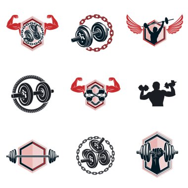 Halter, barbell ve disk ağırlık spor ekipmanları kullanılarak yapılan vektör vücut geliştirme Tema çizimler kümesi. Vücut geliştirmeci mükemmel vücut.