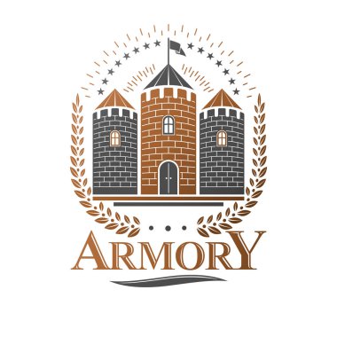 Antik Kale amblemi. Heraldic Coat of Arms dekoratif logosu izole edilmiş vektör çizimi. Beyaz arka planda eski tarzda antika logosu.