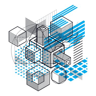 İzometrik elemanları ile arka plan, çizgiler ve şekiller ile doğrusal sanat vektör. Küpleri, Altıgenler, kareler, dikdörtgenler ve farklı soyut öğeler.