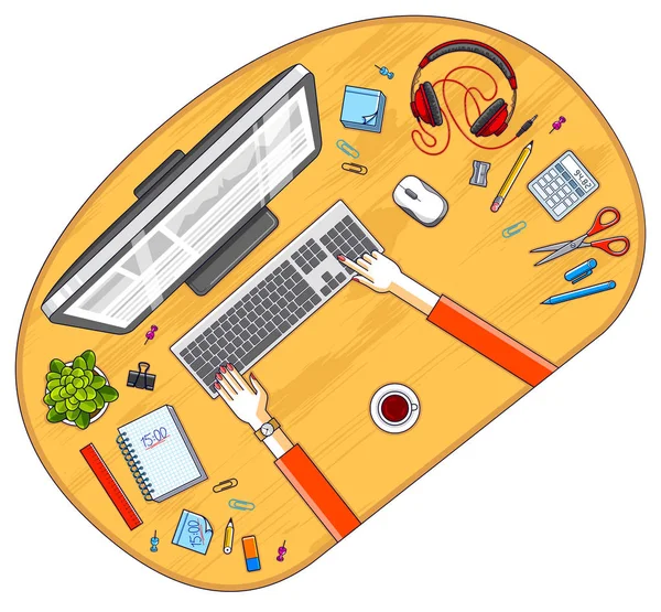 Office Desk Workspace Top View Hands Office Employee Entrepreneur Computer — Stock Vector