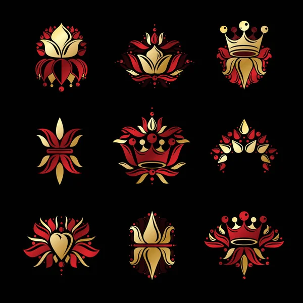 Simboli Reali Fiori Fiori Corone Emblemi Incastonati Collezione Elementi Design — Vettoriale Stock