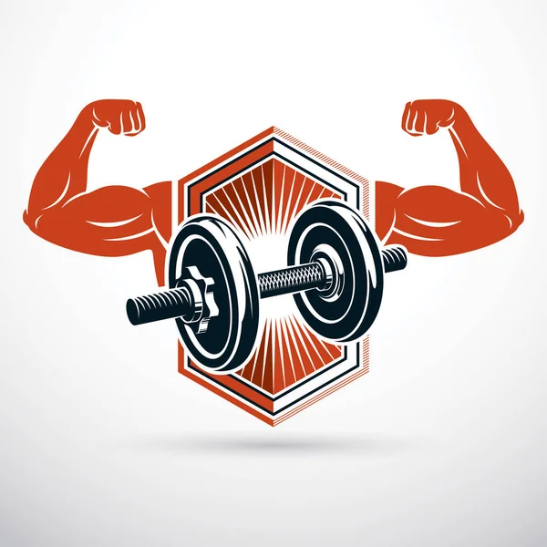 Vektorillustration Stark Man Biceps Arm Och Hantel Styrketräning Gym Symbol — Stock vektor