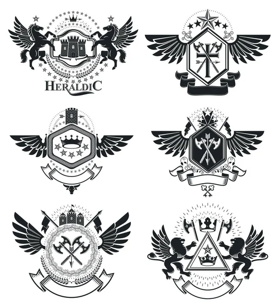 Escudo Armas Heráldico Emblemas Vectoriales Vintage Elegante Colección Ilustraciones Simbólicas — Vector de stock