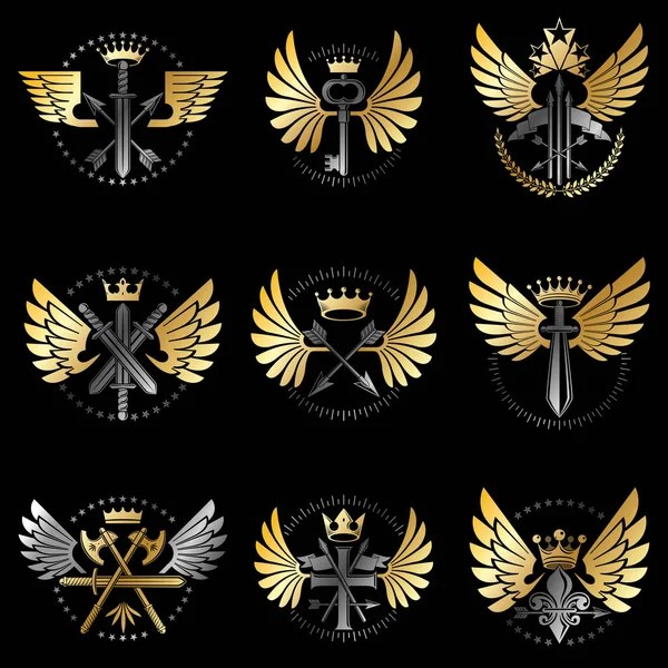 Conjunto Emblemas Armas Vintage Colección Emblemas Decorativos Escudo Armas Heráldico — Vector de stock