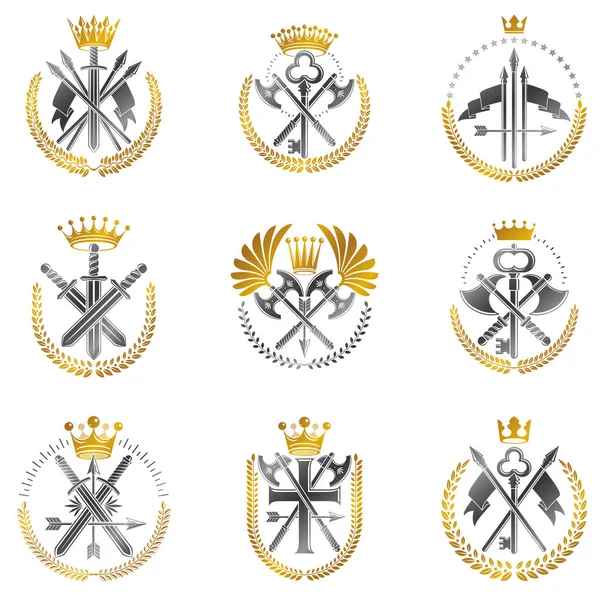 Vintage Weapon Emblems Satt Samling Heraldiske Skiltvektorårselementer – stockvektor