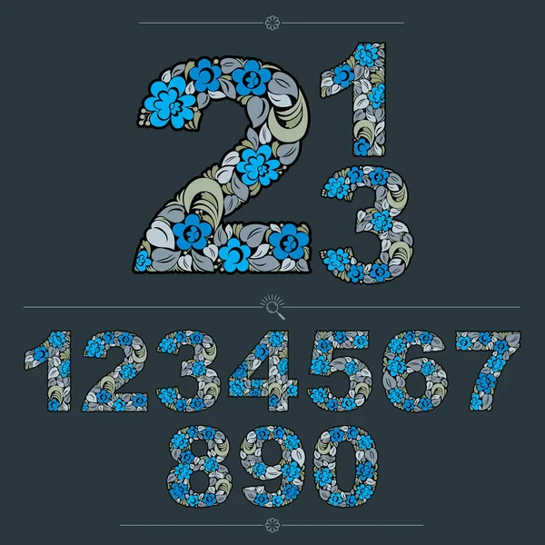 花卉数字 手绘矢量数字装饰植物图案 蓝色装饰计算 在老式设计中制作的数字 — 图库矢量图片