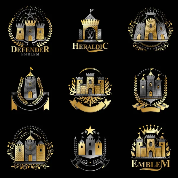 Ancient Fortresses Emblems Set Heraldic Coat Arms Vintage Vector Logos — Stock Vector