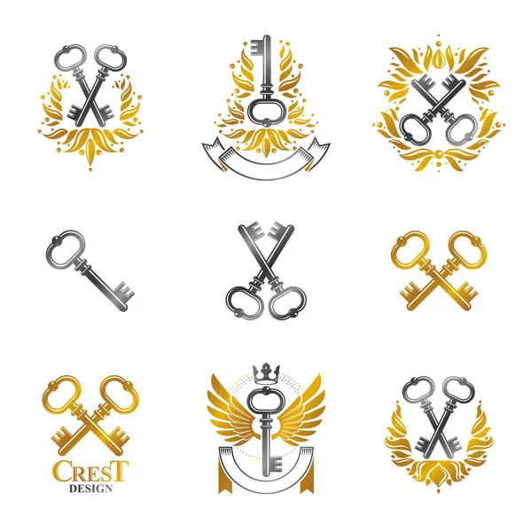 Ancient Keys emblems set. Heraldic Coat of Arms decorative logos isolated vector illustrations collection.
