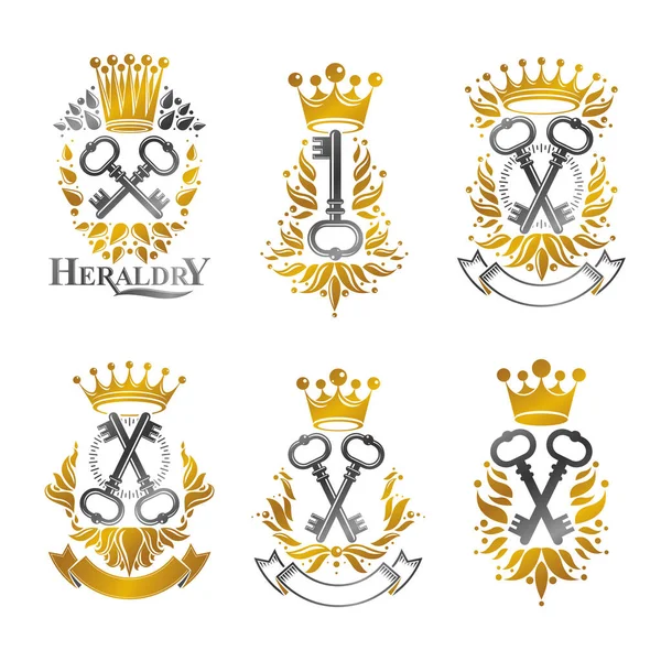 老色鬼钥匙的标志设置 Heraldic向量设计元素集合 复古风格标签 纹章标识 — 图库矢量图片