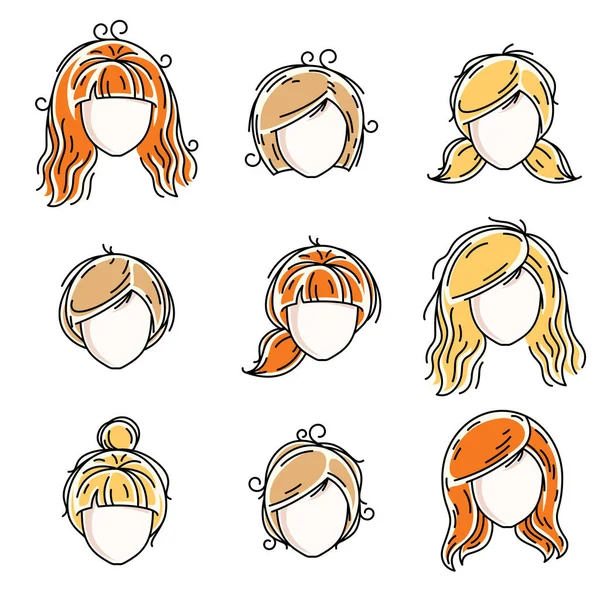 Collection Women Faces Human Heads Diverse Vector Characters Red Haired — Stock Vector