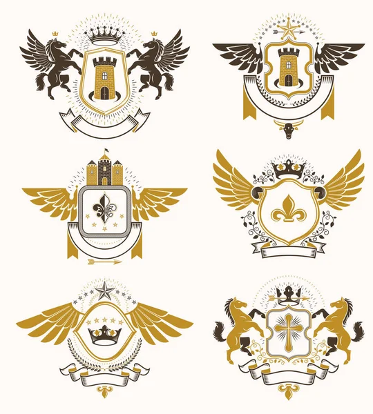Taçlar, yıldızlar, kuş kanatları, cephanelik ve hayvanlar gibi dekoratif elementlerle yapılmış vektör vintage amblemler. Hanedan arması koleksiyonu.