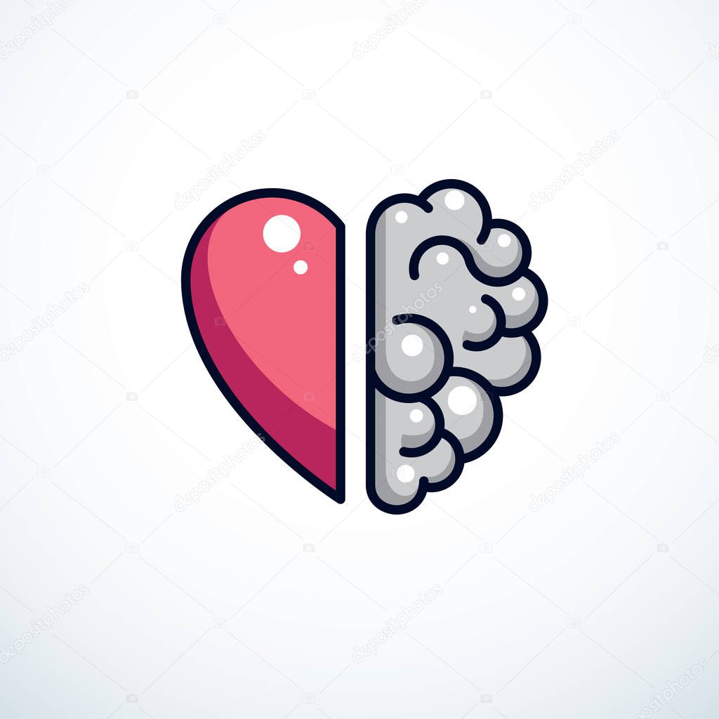 Heart and Brain concept, conflict between emotions and rational thinking, teamwork and balance between soul and intelligence. Vector logo or icon design.