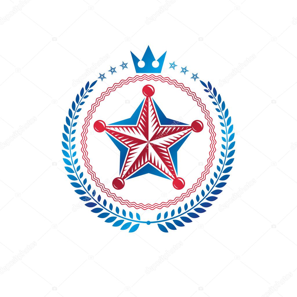 Pentagonal Star emblem, union theme symbol created with royal crown and laurel wreath. Heraldic Coat of Arms, vintage vector logo.