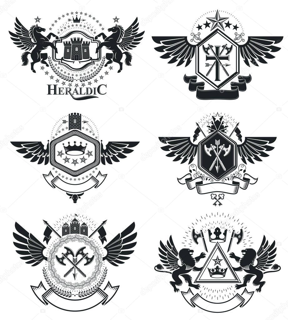 Heraldic Coat of Arms, vintage vector emblems. Classy high quality symbolic illustrations collection, vector set.