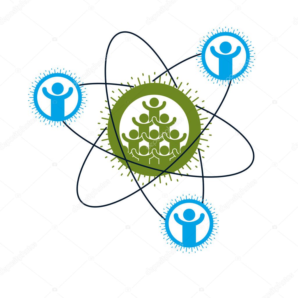 Society and Person interaction creative logo, unique vector symbol created with different icons. System and social Matrix sign. Person and society interacts with each other.