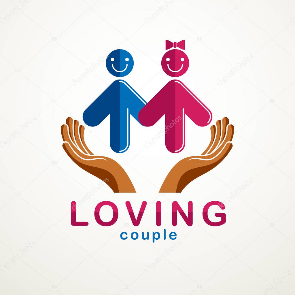 Happy couple simple vector logo or icon created with people geometric signs in a shape of arrows and care hands. Tender and loving relationship of man and woman, boyfriend and girlfriend.