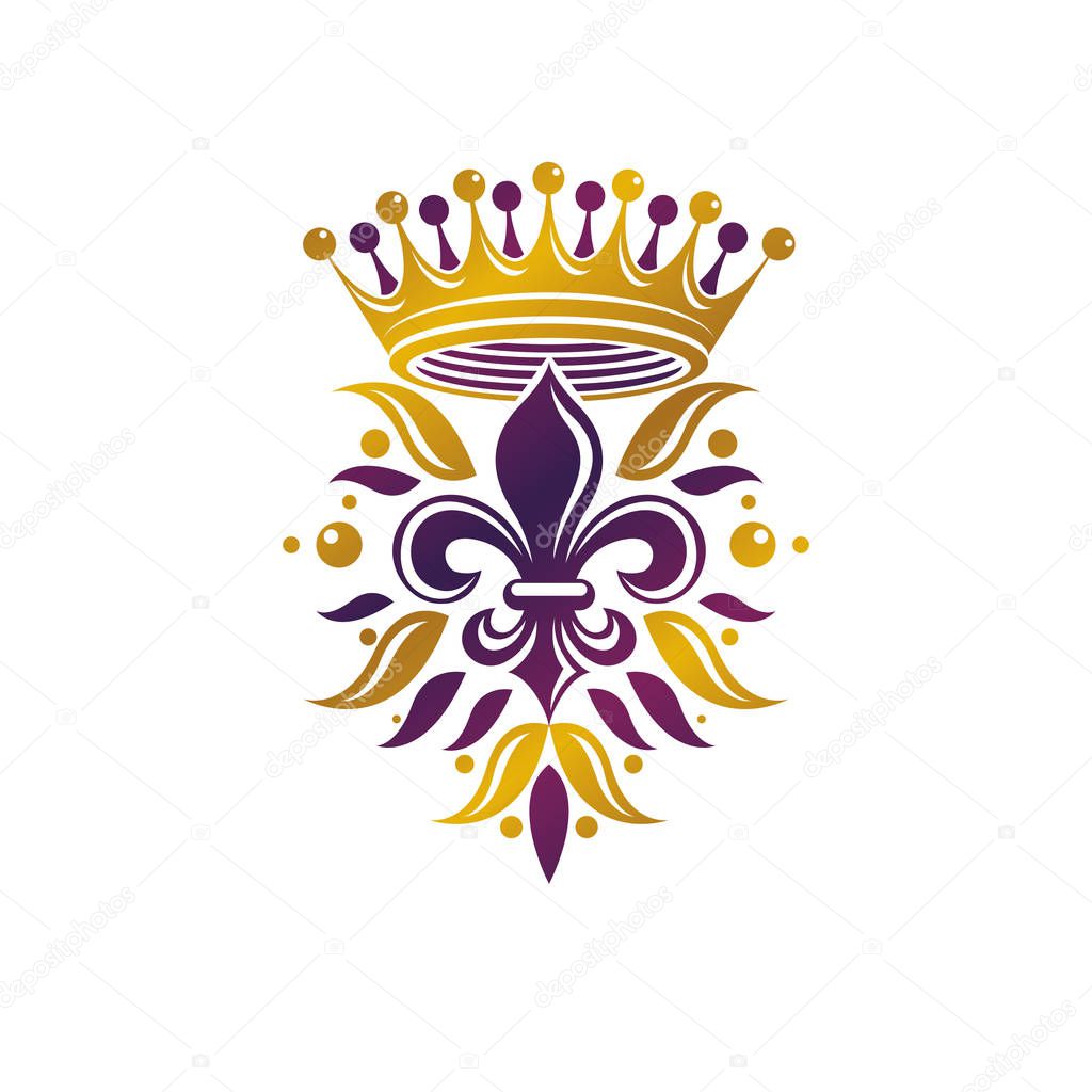 Retro golden vintage Insignia created with lily flower and imperial crown. Vector quality idea design element, Fleur-De-Lis.