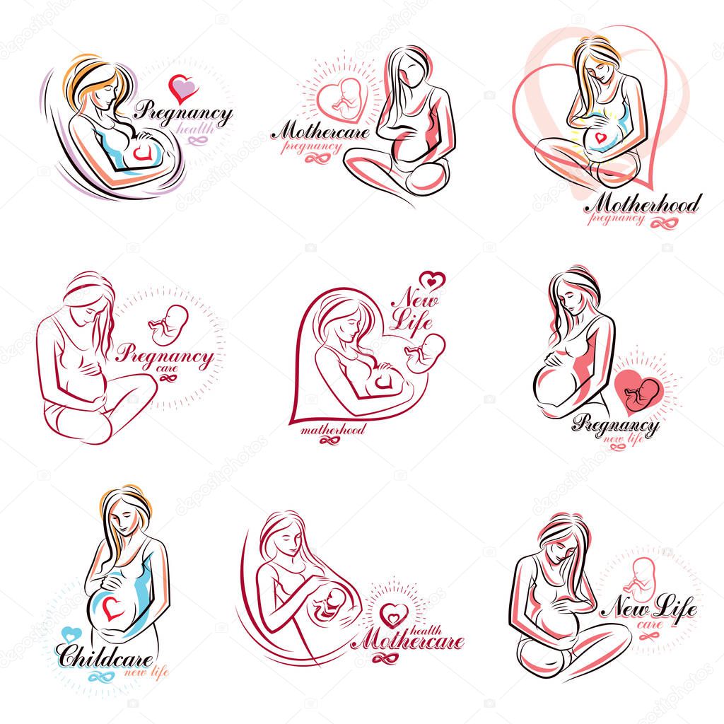 Set of pregnant female body shapes hand drawn vector illustration, beautiful lady gently touching her belly. Pregnancy support and mother care advertising flyer