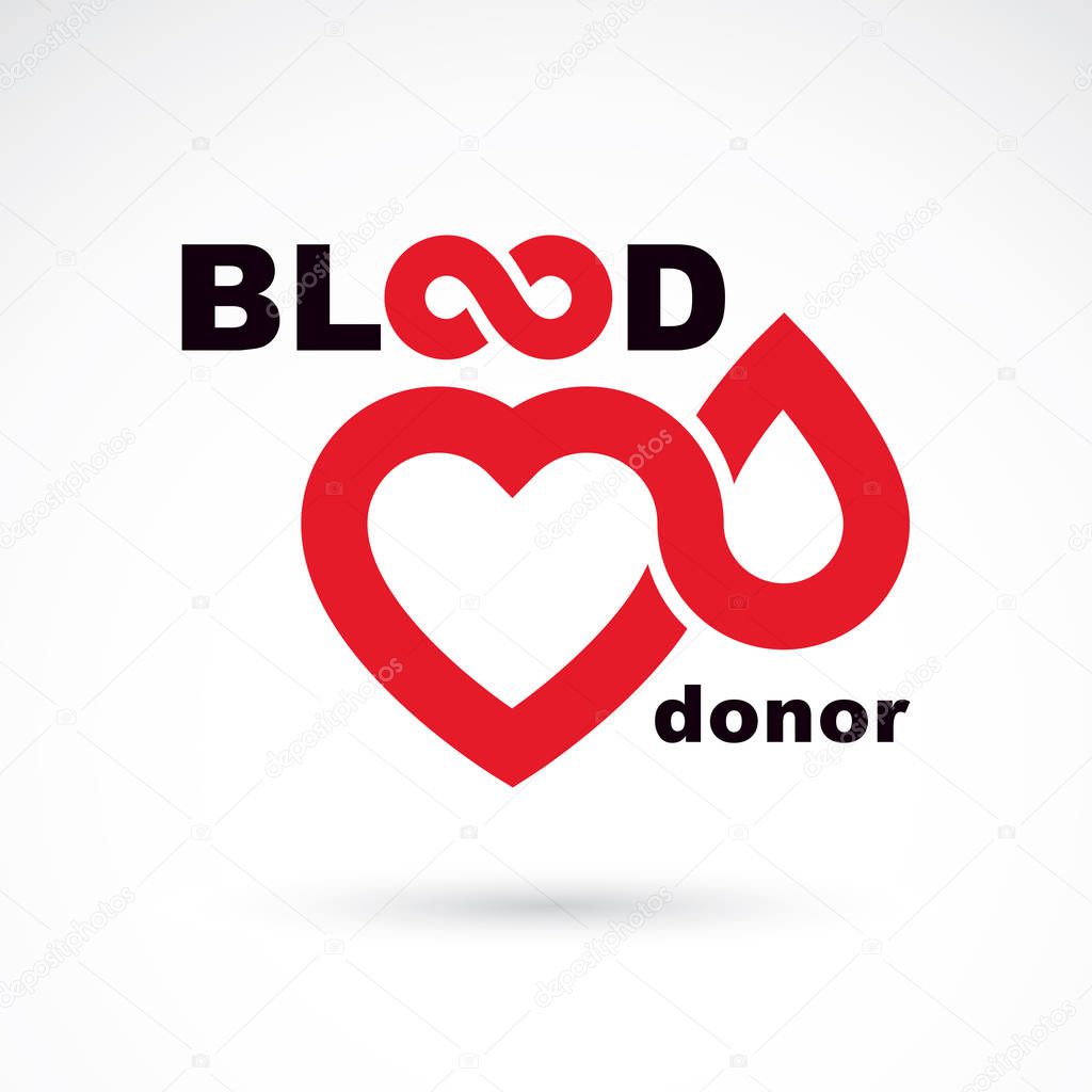Blood donor inscription isolated on white and made using vector red blood drops, heart shape and limitless symbol. The 14 June, world blood donor day. Medical logo.