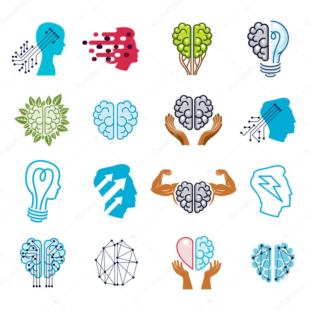 Brain and intelligence vector icons or logos concepts set. Artificial Intelligence, Bright Mind, Brain Training, Feelings soul versus Rational thinking, Creativeness, Brainstorming, Mental Health.