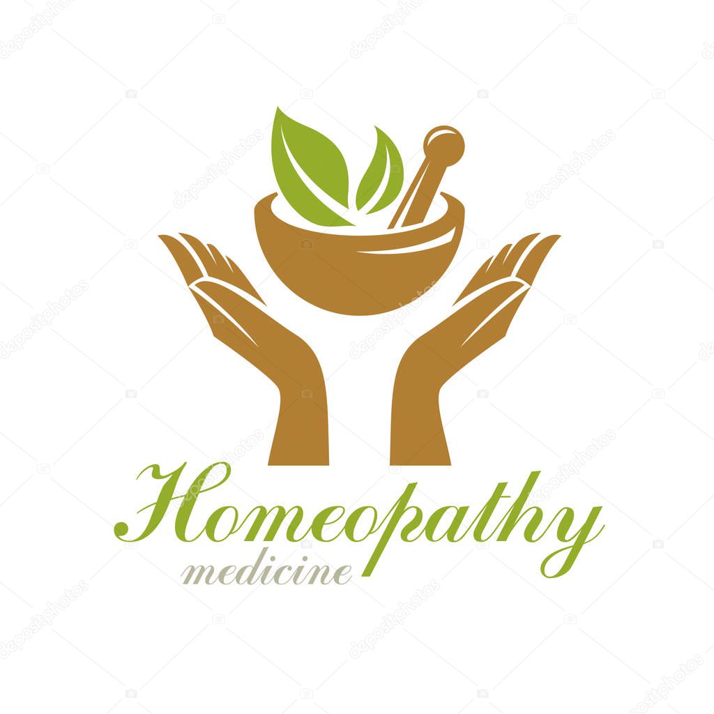 Caring hands holding mortar and pestle. Phytotherapy metaphor, vector graphic emblem can be used in medical treatment organizations.