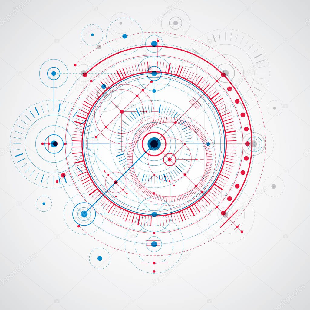 Technical plan, abstract engineering draft for use in graphic and web design. Red and blue vector drawing of industrial system created with mechanical parts and circles.