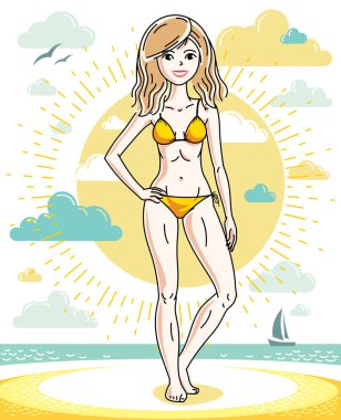 Tropik sahilde poz ve mayo giymiş mutlu sarışın genç kadın. Vektör çekici kadın çizim. Yaz tatil yaşam tarzı tema çizgi film.