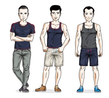 Emin yakışıklı erkekler şık spor poz. Güzel insanlar çizimler vektör kümesi. Yaşam tarzı tema erkek karakterler.