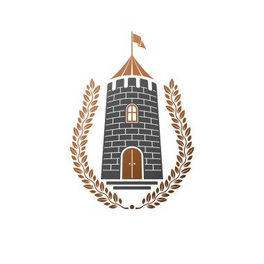 Antik Kale amblemi. Heraldic Coat of Arms dekoratif logosu izole edilmiş vektör çizimi. Beyaz arka planda eski tarzda antika logosu.