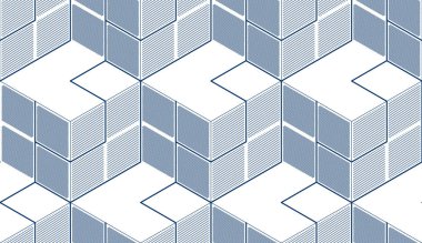 Geometrik küpler soyut dikişsiz desen, üç boyutlu vektör arkaplan. Teknoloji stili mühendislik çizgisi sonsuz çizimler yapıyor. Tek renk, siyah ve beyaz. Kumaş, duvar kağıdı, ambalaj, ağ ve baskı için kullanılabilir.